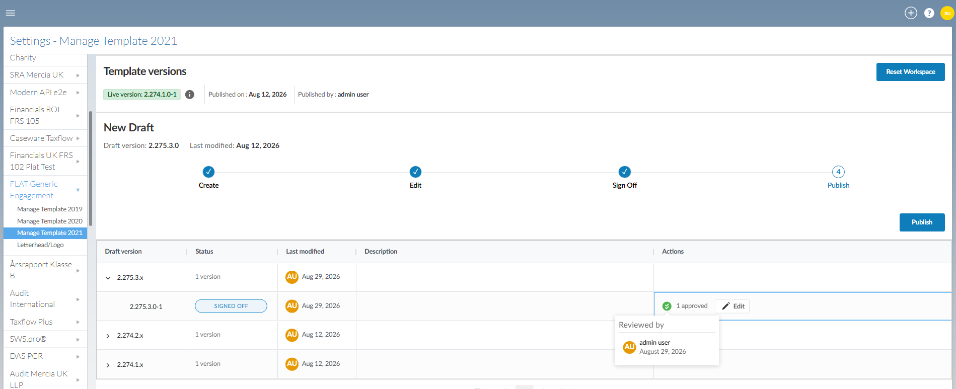 The Manage Template page showing a signed-off version ready to publish.