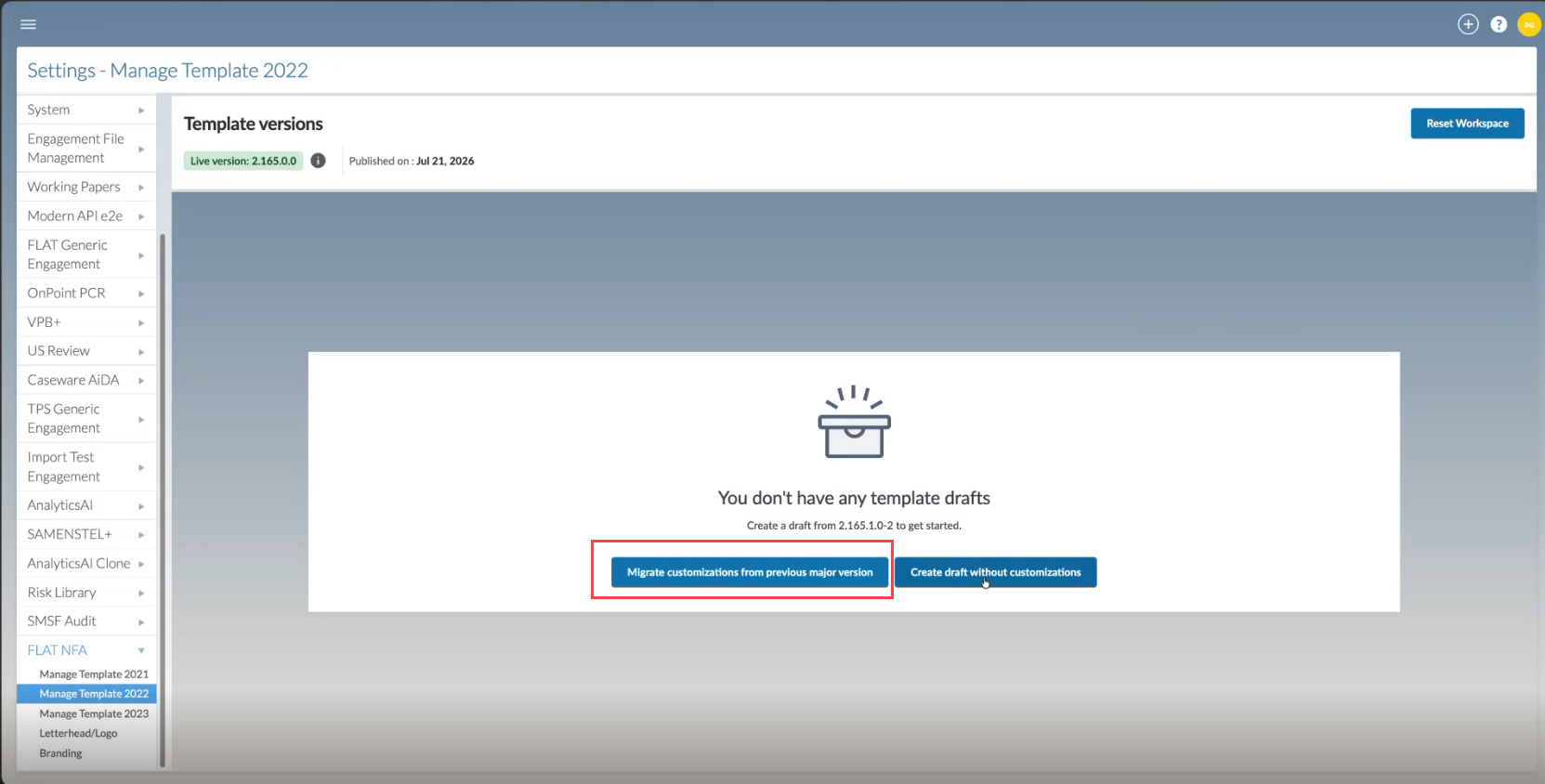 The Manage template page when a major update message displays as a blue box.