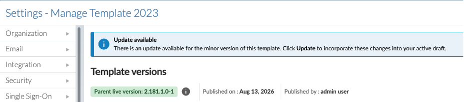 The Manage Template page displaying a message that a minor-version template update is available.
