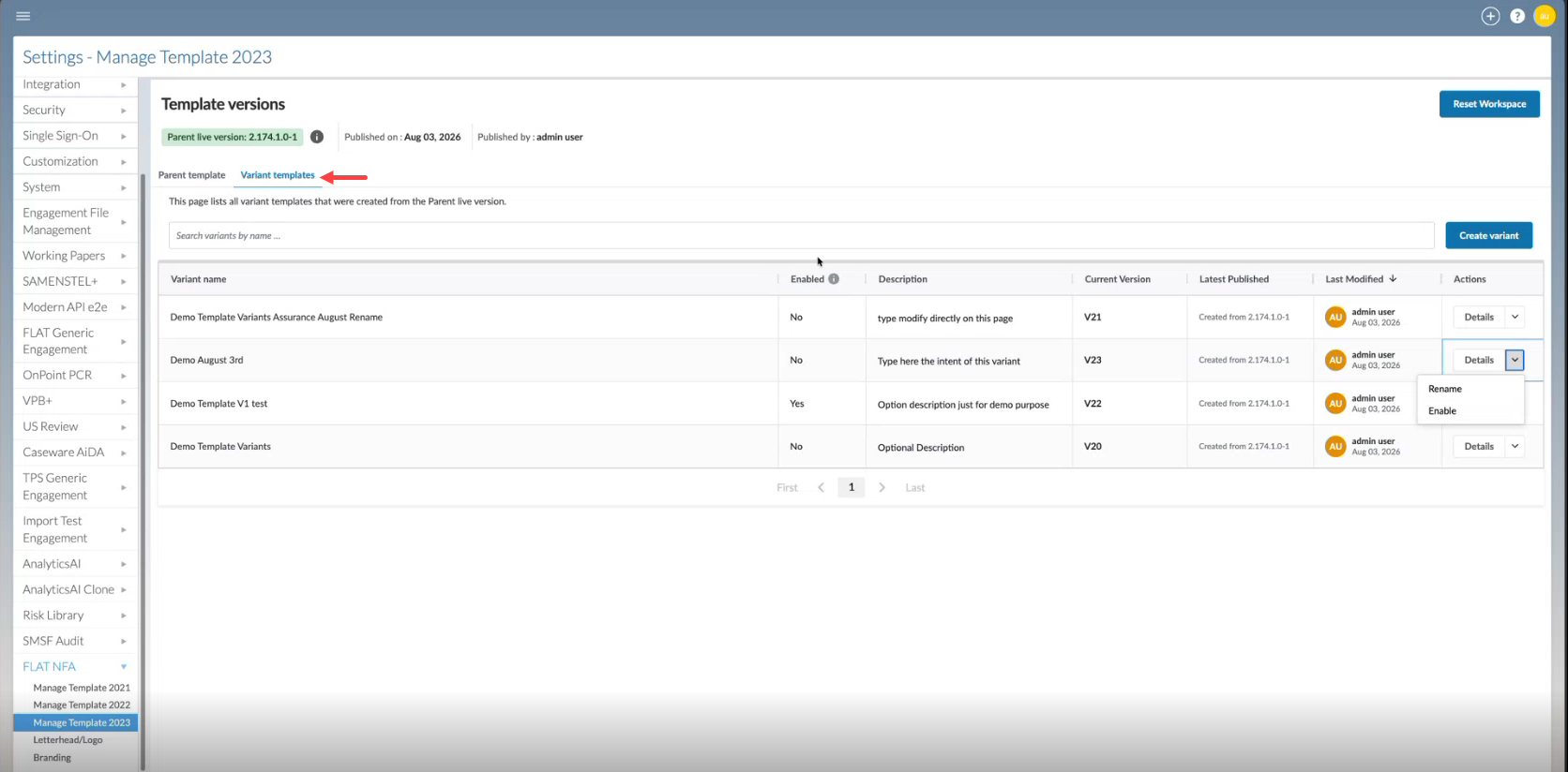 The Manage Template page with the Variant templates tab selected, showing a table of variant templates with columns for Variant name, Enabled, Description, Current Version, Latest Published and Last Modified, and a Create variant button.