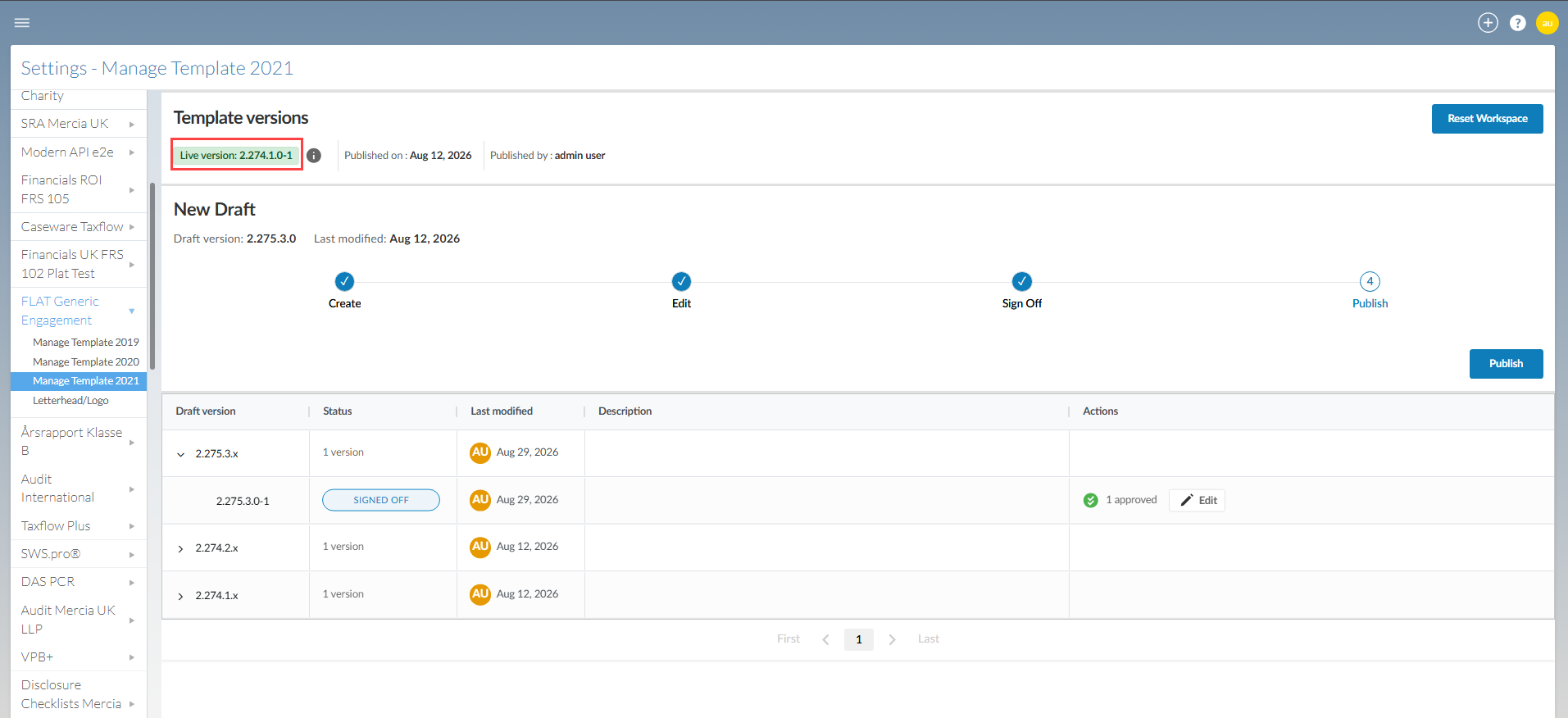 The Manage template page highlighting the live version number of the template.