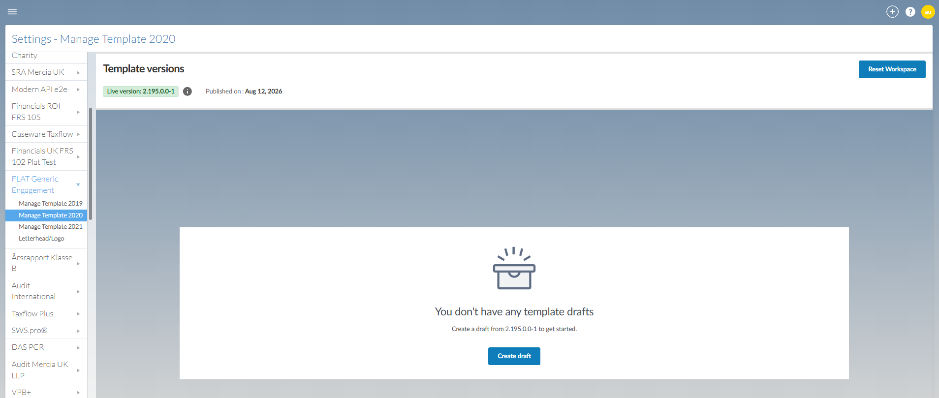 The Manage template page when no draft exists.  A button to Create a draft is at the centre.