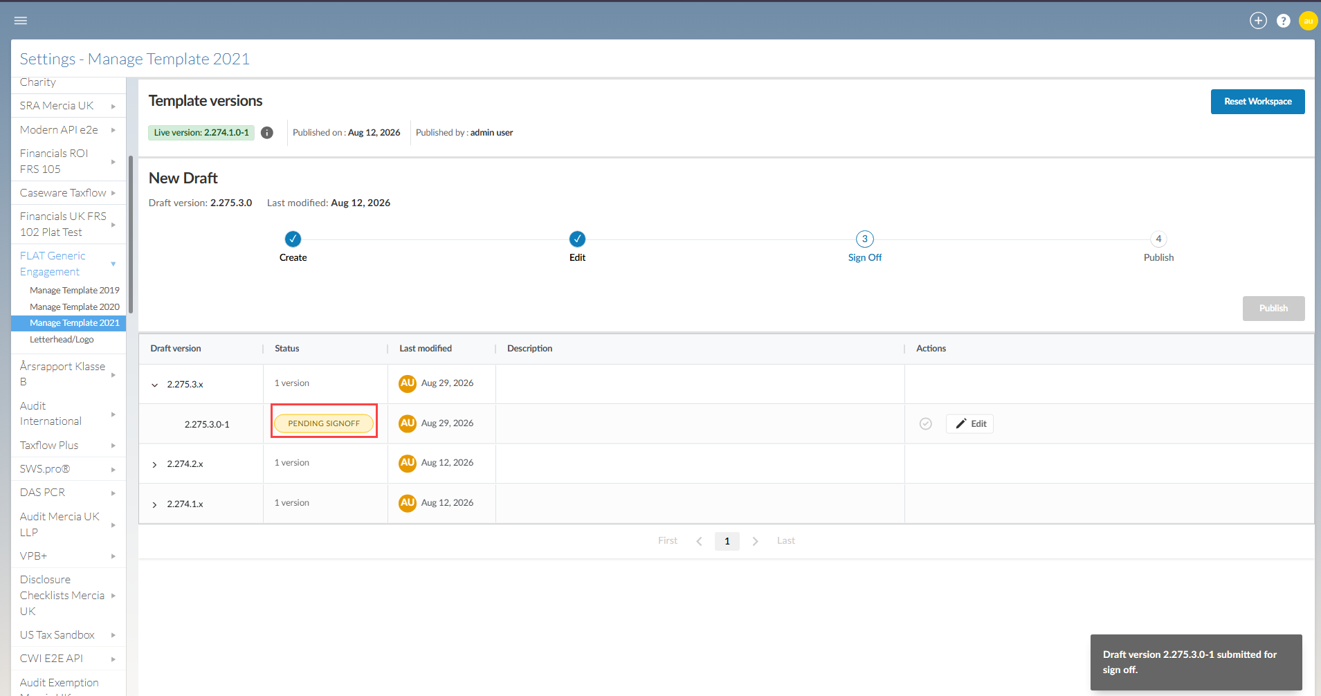 The Manage Template page showing a submitted version in pending signoff status.