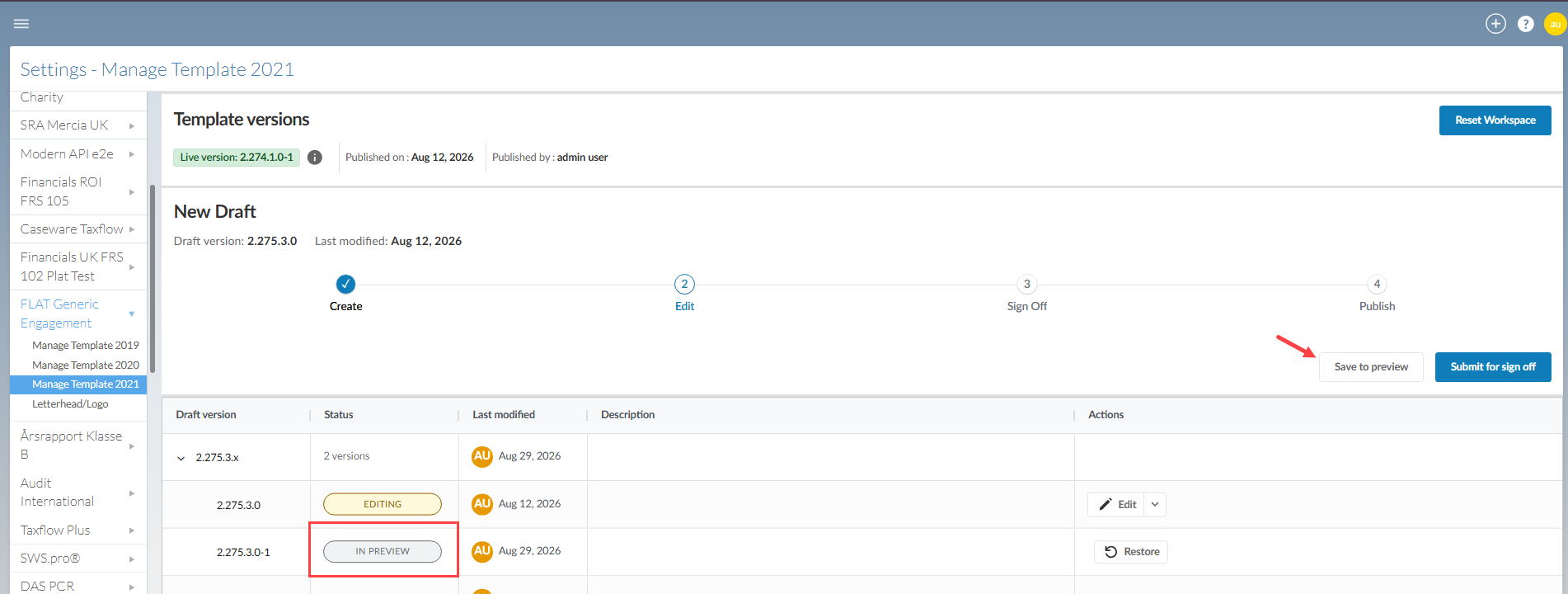 The Manage Template page showing a saved preview version alongside a new active draft available for editing.