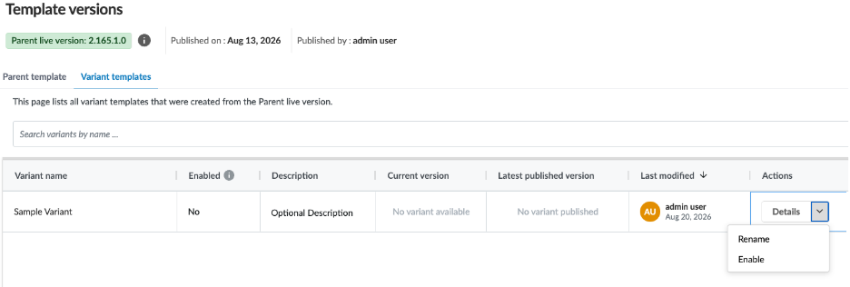 Variant template page details options to rename or enable variant.