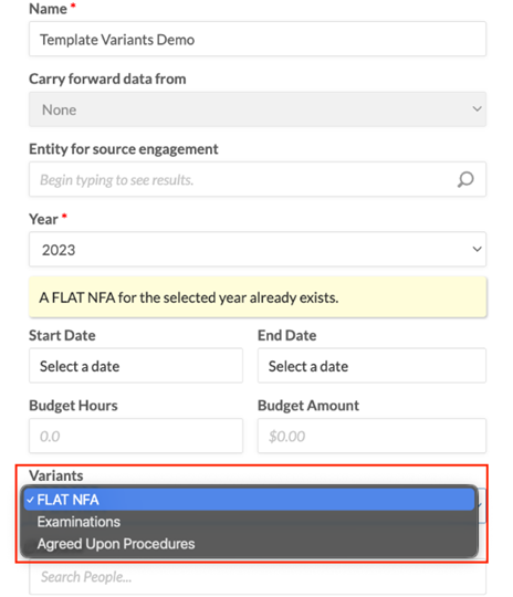 The new engagement dialog showing a Variants list with enabled template variants available for selection.