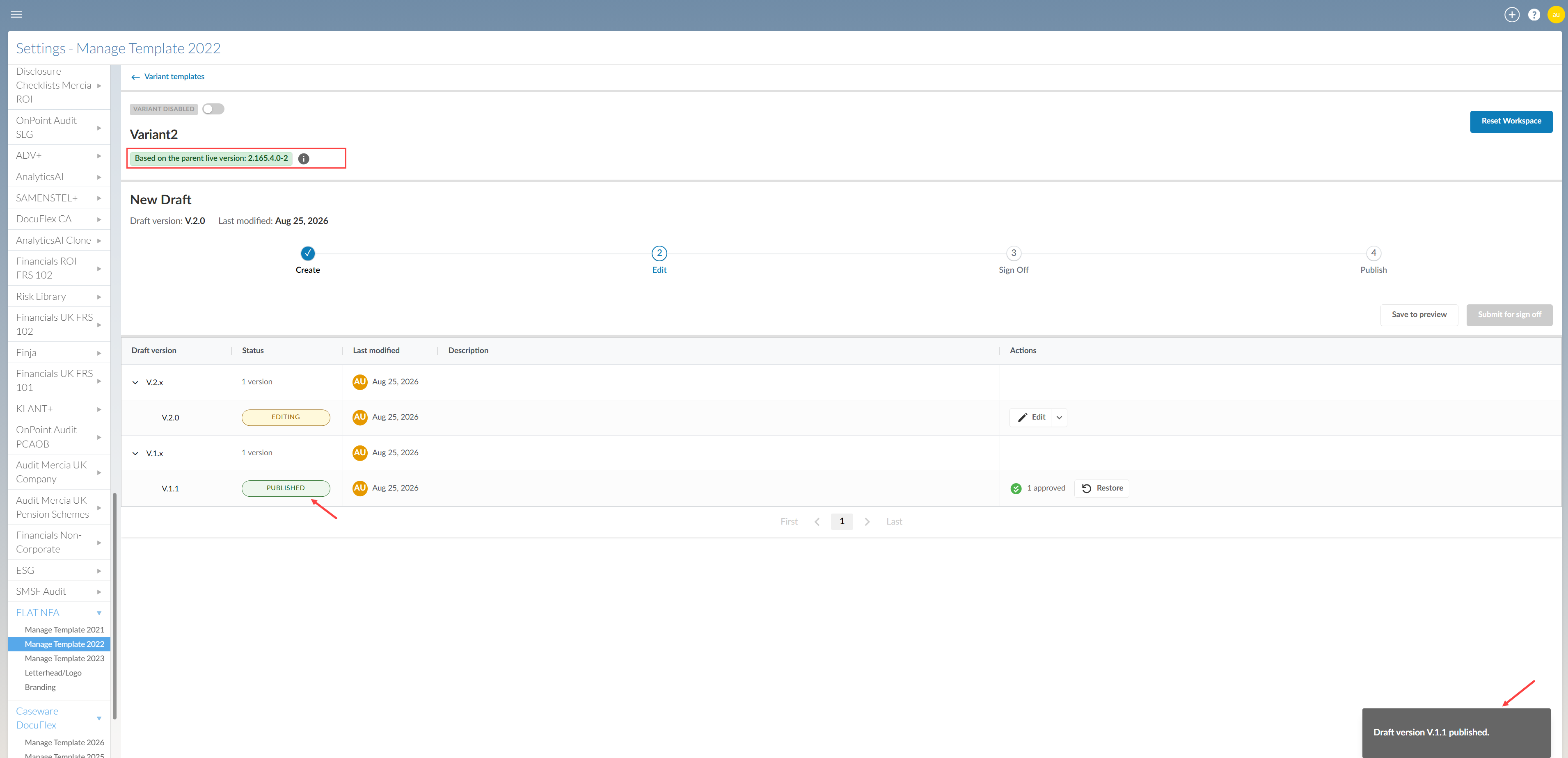 The variant template tab with the current live version highlighted and arrows to the recent published draft.