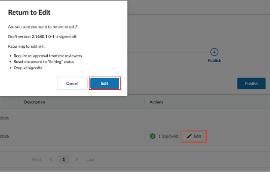 Dialog to return a published version to edit mode.