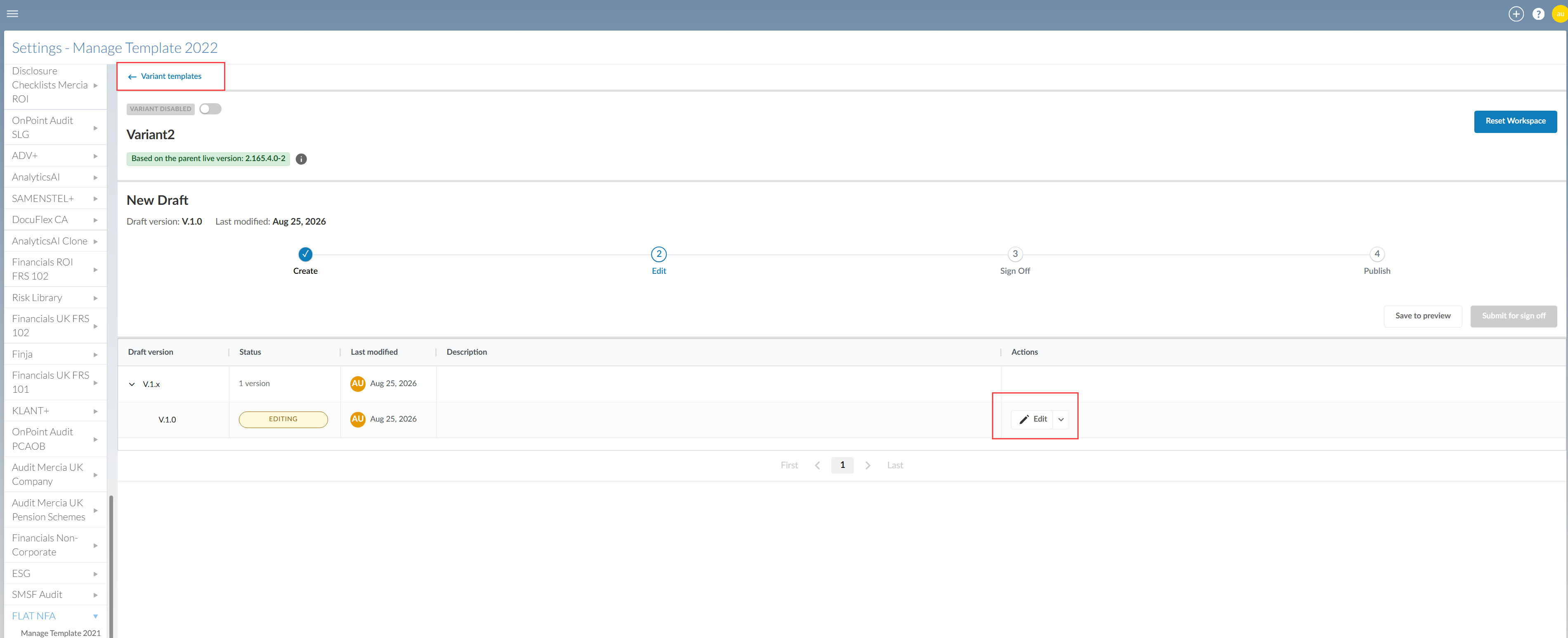 the Variant template tab displaying option to edit a version.
