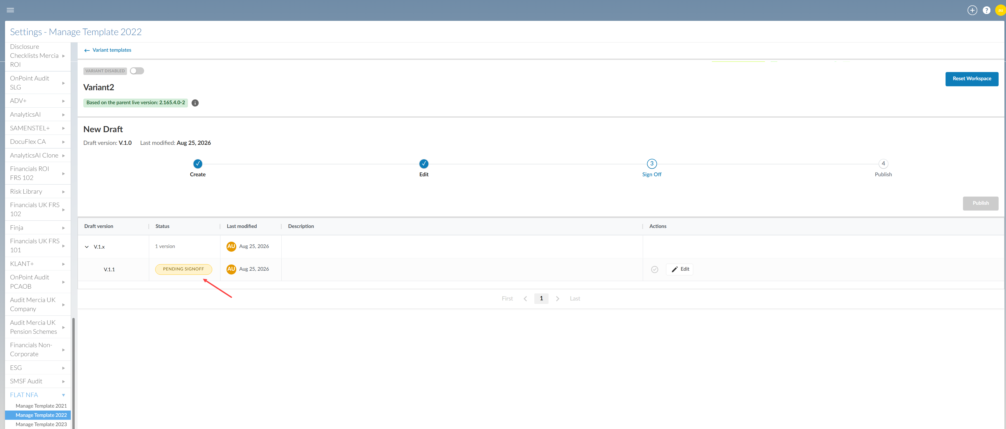 The variant template view showing a submitted version in pending signoff status.