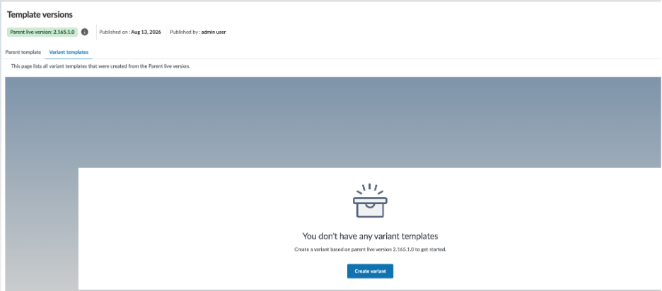 the Variant template tab displaying that no template is currently available.