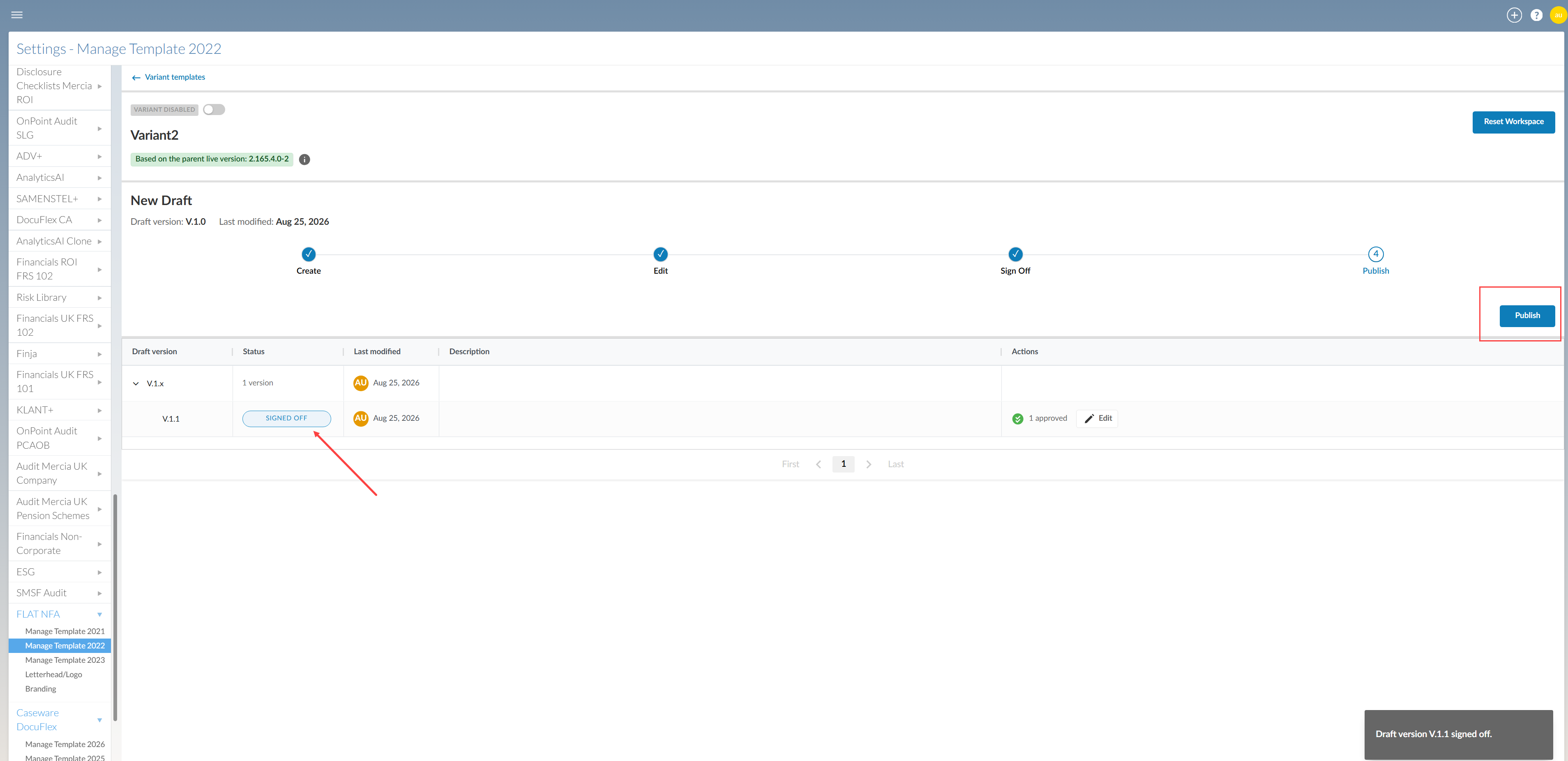 Variant template tab pointing to the signed off status and Publish button