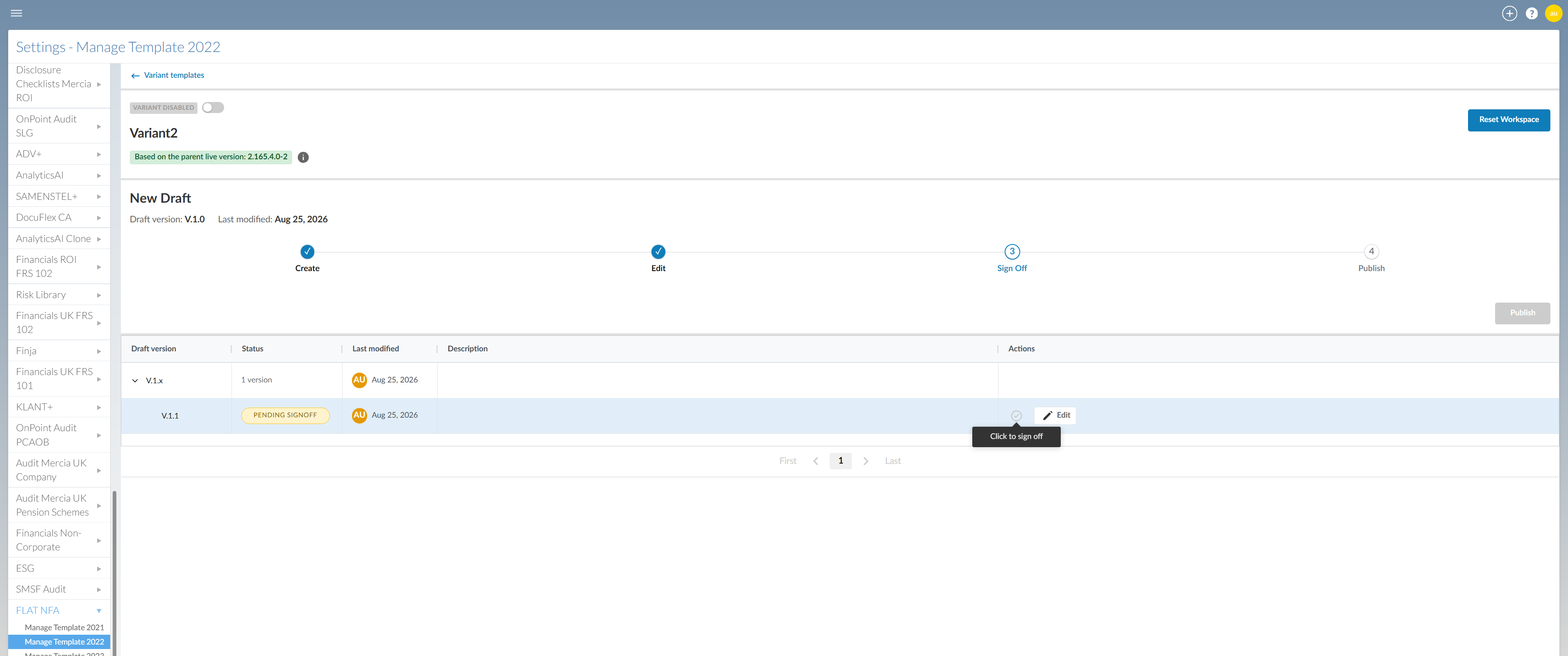The variant template view showing a signed-off version ready to publish.