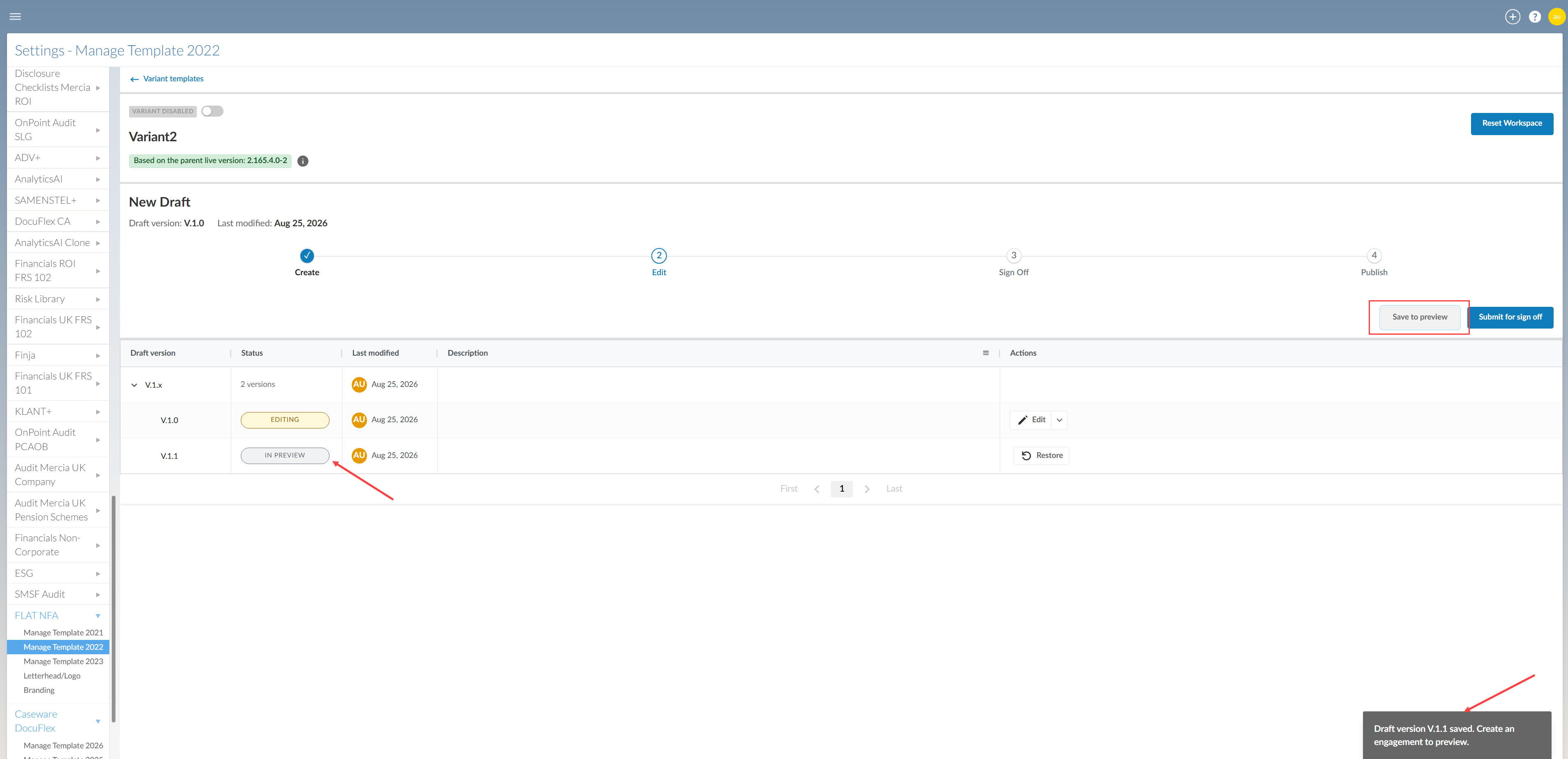 Variant template tab displaying the Save to preview option and versioning that occurs after