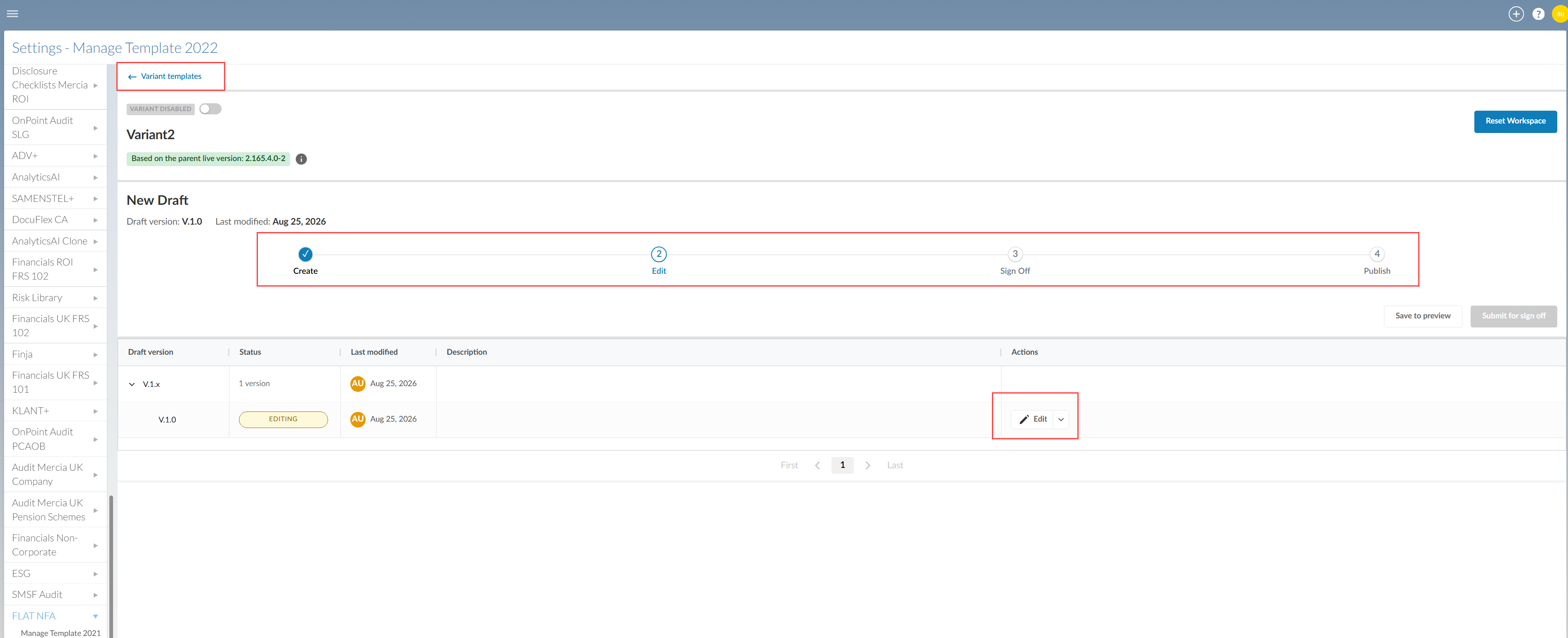 the Variant template window displaying the general workflow for a version.