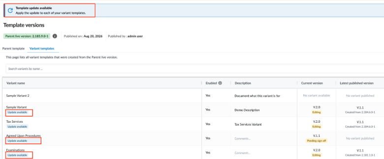 The variant template tab displaying highlighted messages where updates are available