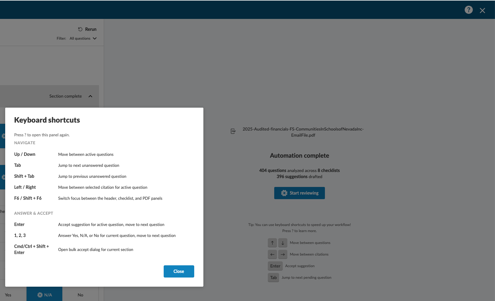 Keyboard shortcuts available in Verity