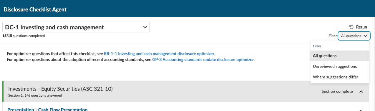 Selecting a filter in the Disclosure Checklist Agent