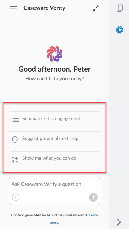 The Verity welcome screen with the three suggested prompts highlighted below the greeting.