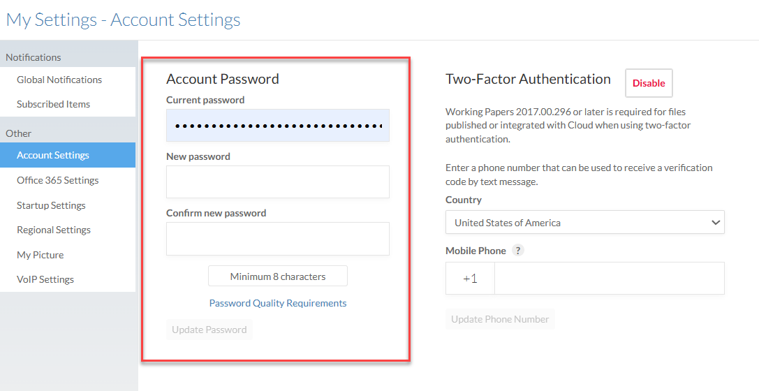 The Account Password section on the Account Settings page.