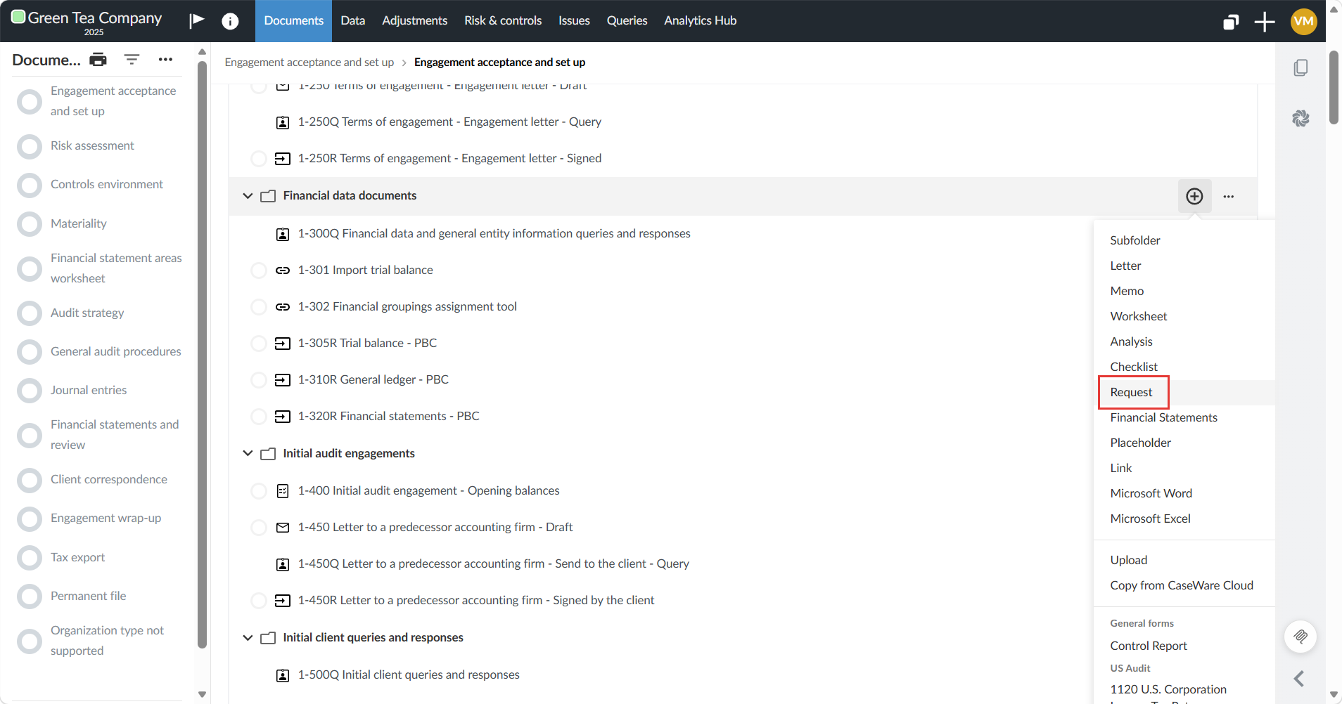 Documents view with the Financial data documents add menu open and Request highlighted.