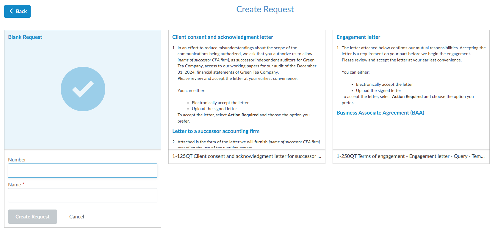 Create Request page with Blank Request selected, empty Number and Name fields, and two request templates beside it.