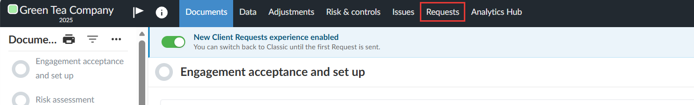 The engagement Documents page after enabling Client Requests, with the Queries tab renamed to Requests.