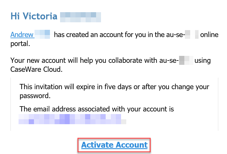 The activation email, with the Activate Account link highlighted.