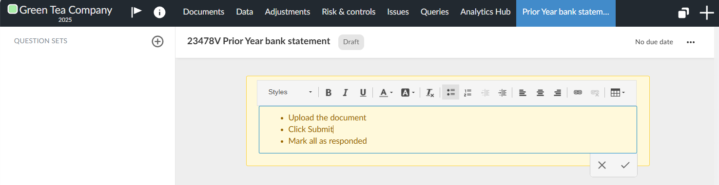 Draft Prior Year bank statement request with its instructions open for editing.