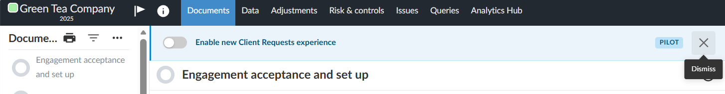 The enablement banner on the Documents page, with the Enable new Client Requests experience toggle.