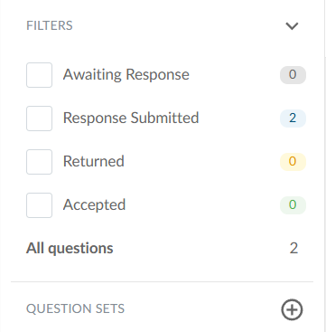 The FILTERS panel in the left navigation, showing the status filters and the number of request questions in each.
