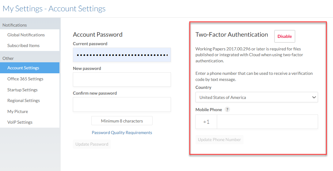 Account Settings page with the Two-Factor Authentication section highlighted.