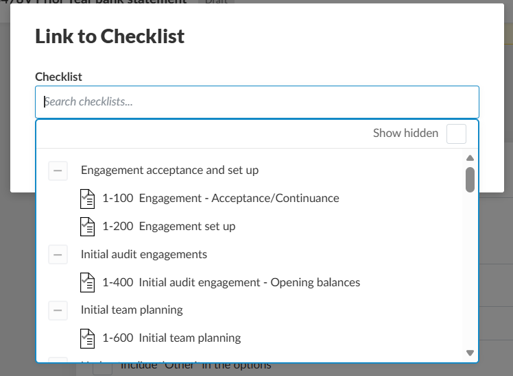 Link to Checklist dialog with a search field and a list of available checklist items.