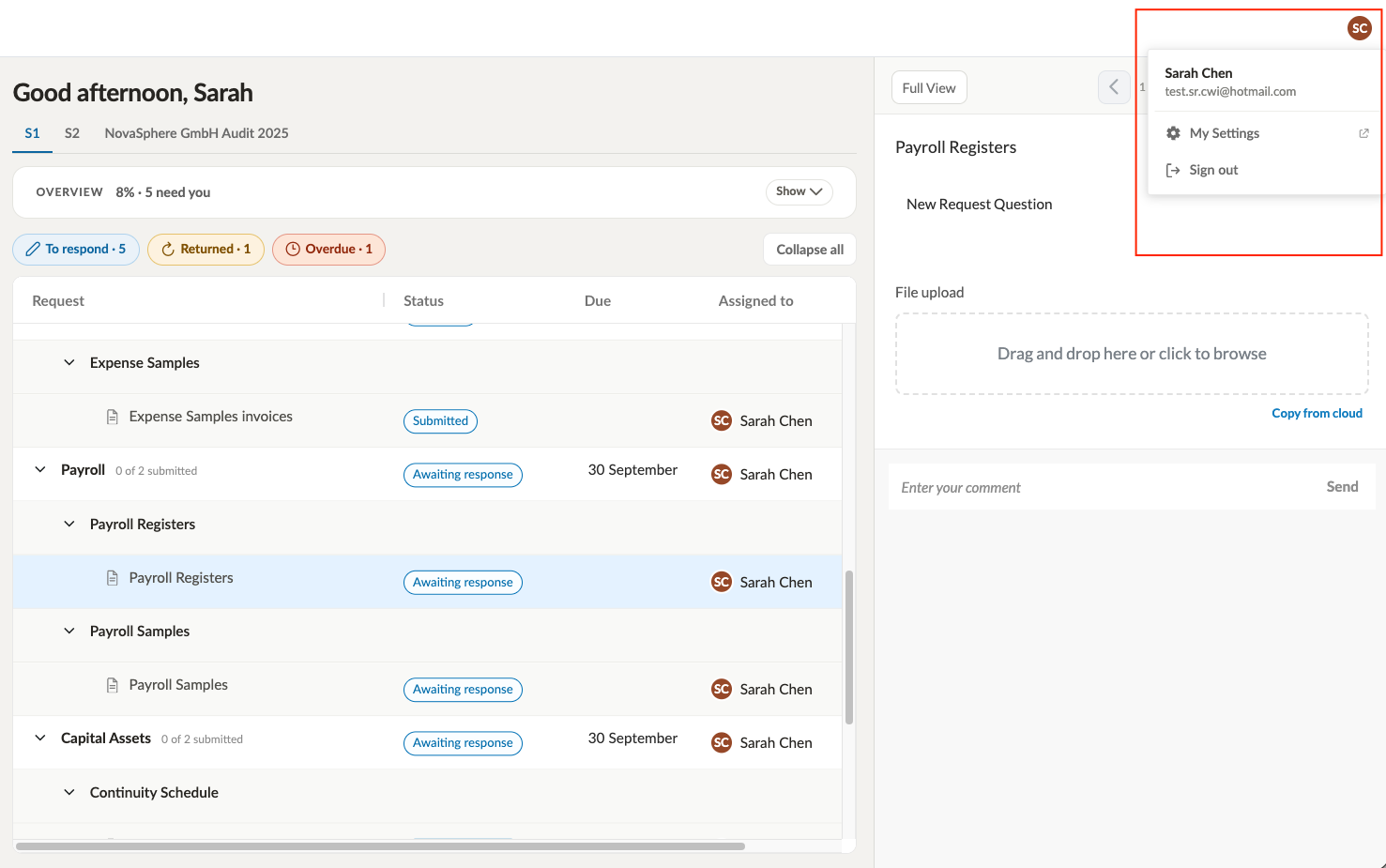 The account menu open in the client portal, showing My Settings and Sign out.