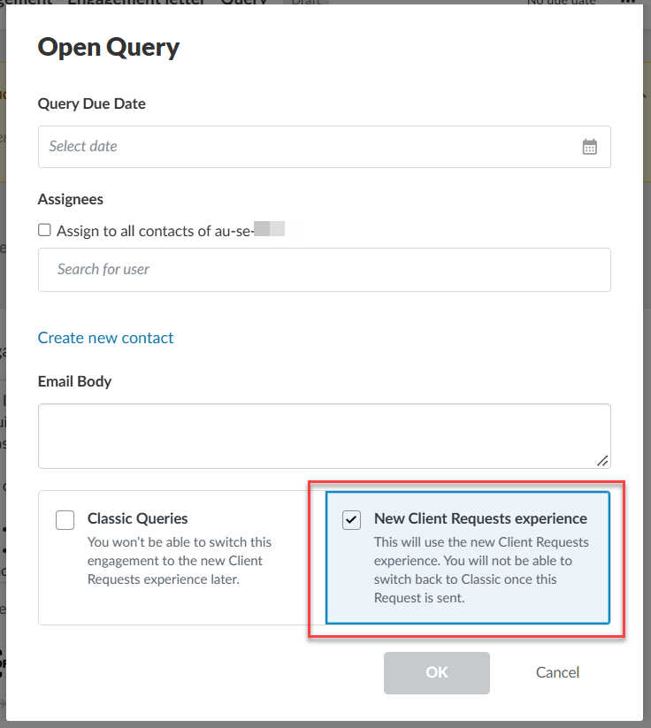 Open Query dialog with New Client Requests experience selected.