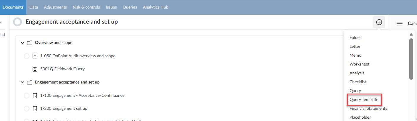 Selecting Query Template from the Add menu when authoring the firm template.
