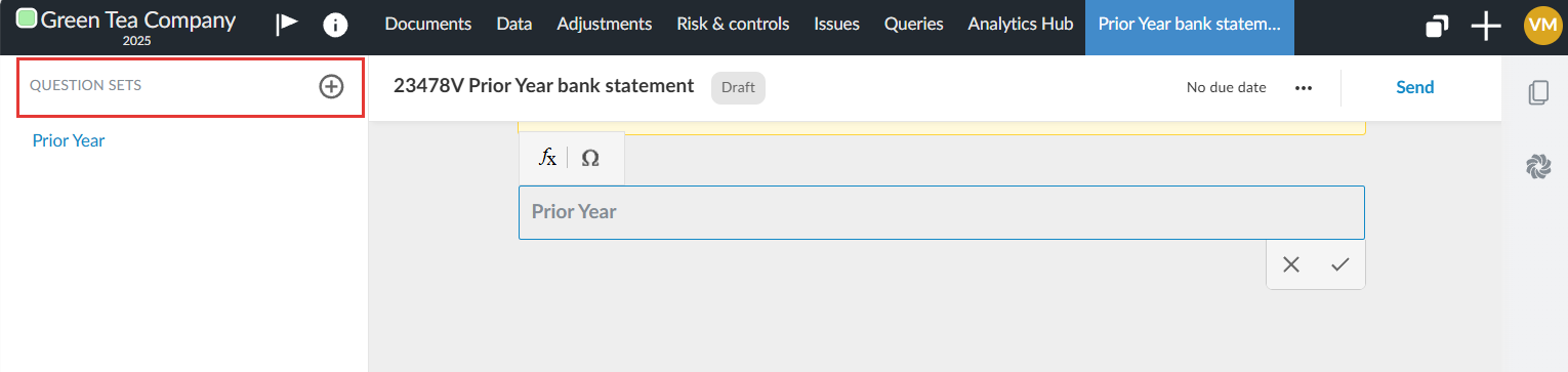 Draft Prior Year bank statement request with a Prior Year question set being edited.