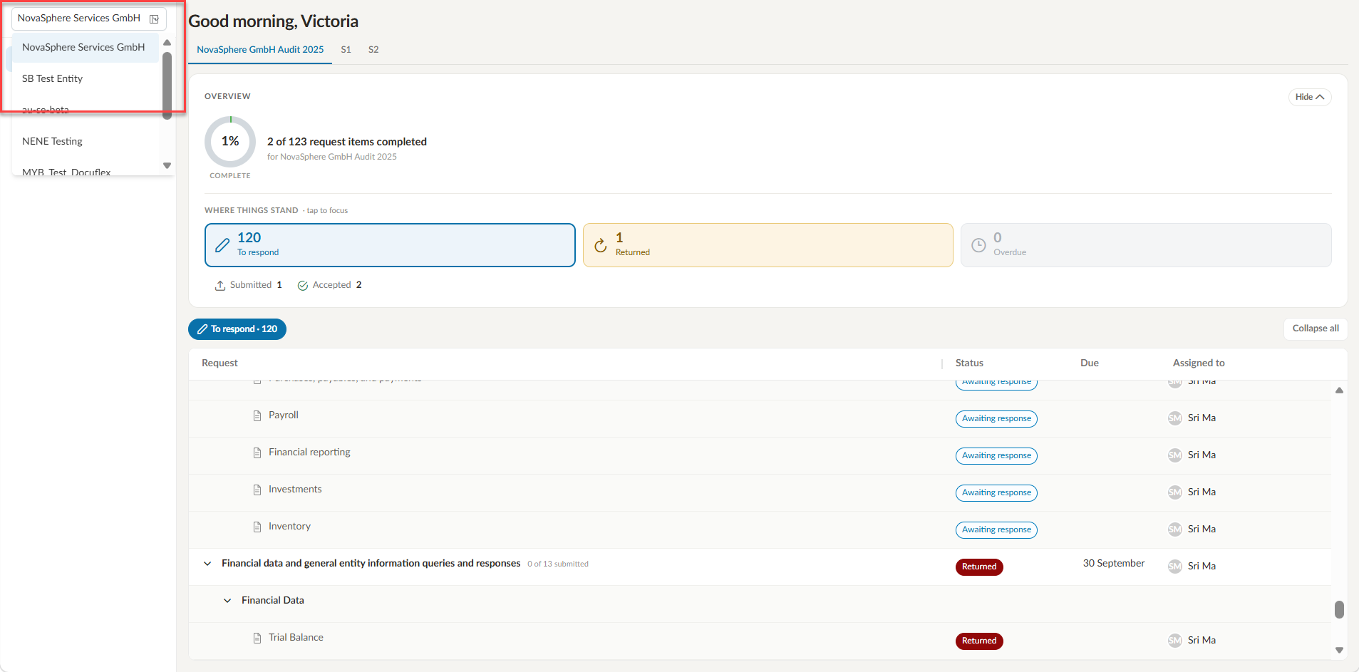 Selecting a company from the drop-down menu at the top left of the client portal.