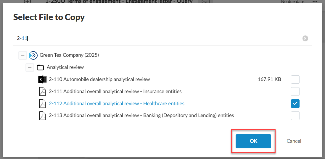 Select File to Copy dialog with 2-112 Additional overall analytical review - Healthcare entities selected and the OK button highlighted.
