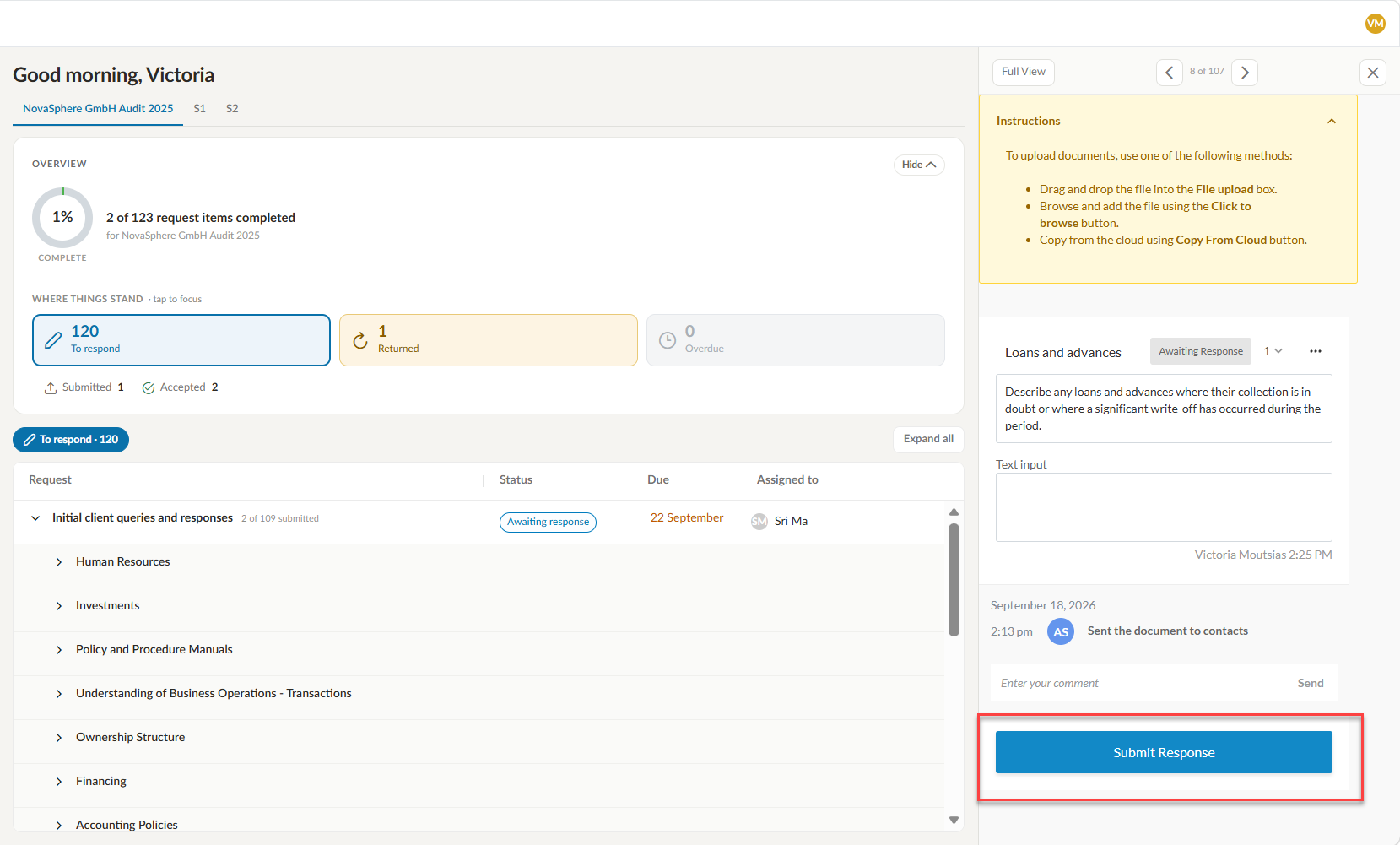A request item open in the client portal, with Submit Response highlighted.