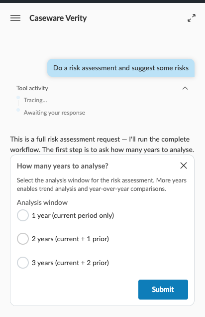 Caseware Verity prompt asking how many years of data to analyse, with three options and a Submit button.