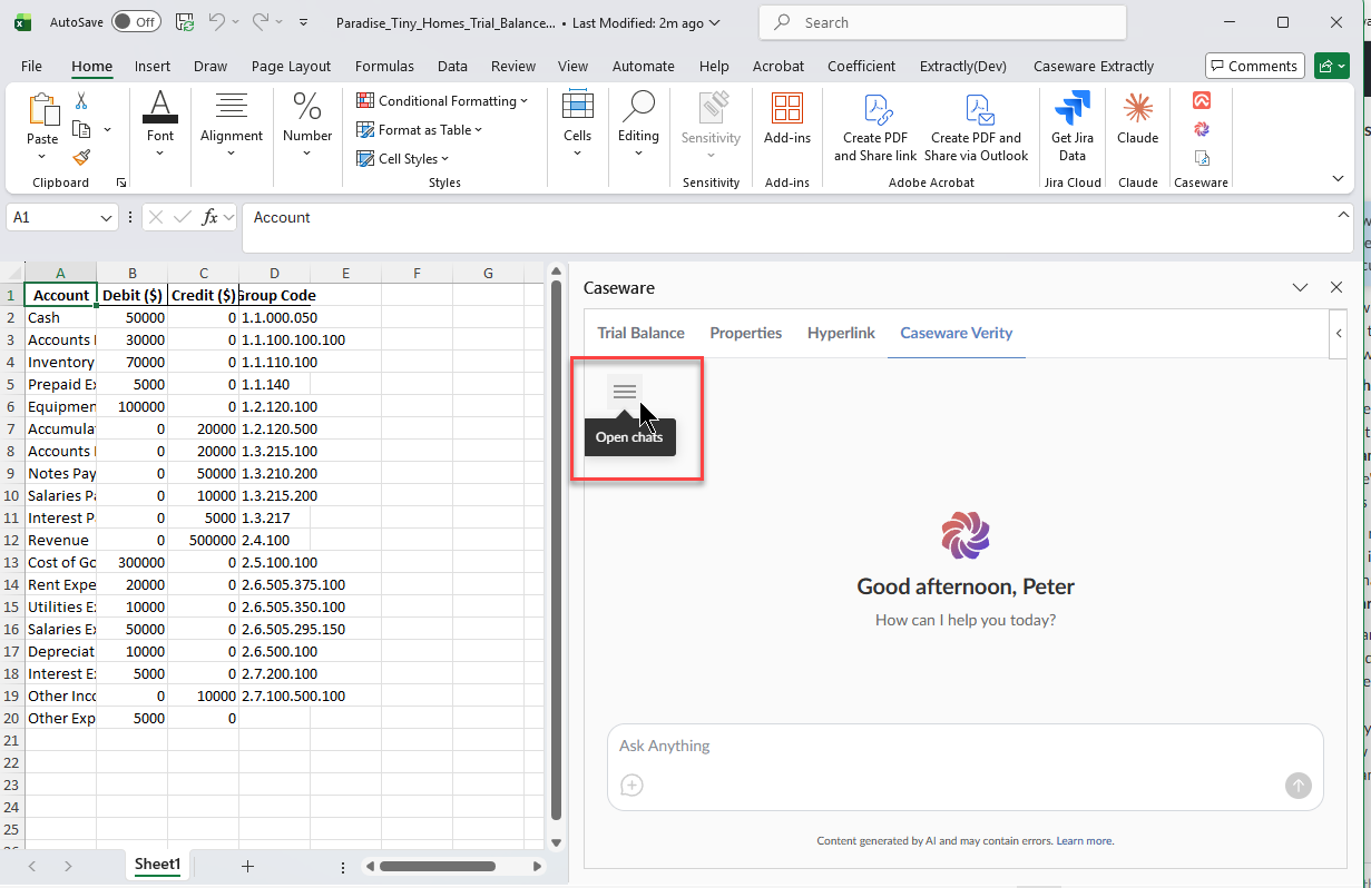 The Open chats icon highlighted at the top of the Caseware Verity for Excel task pane.