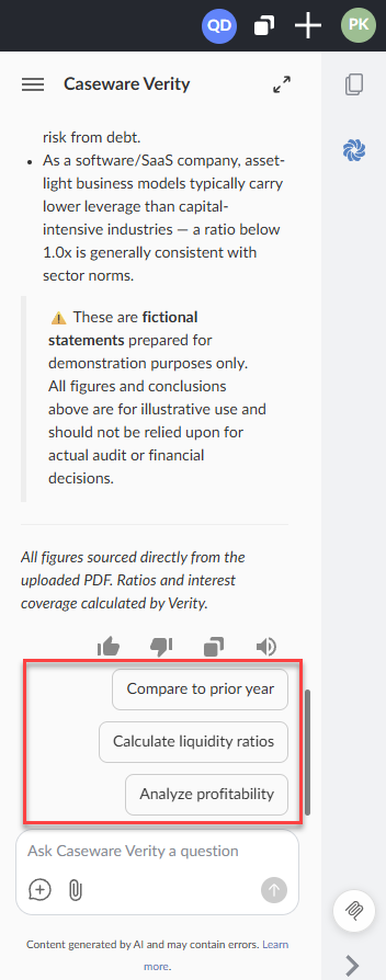 Suggested next steps below a Caseware Verity response, including Compare to prior year, Calculate liquidity ratios and Analyze profitability.