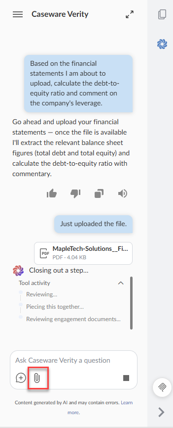 The Attach file icon highlighted in the Caseware Verity chat message box.