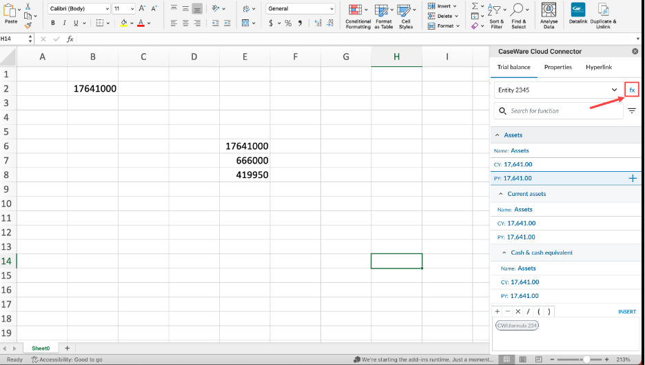 Excel worksheet with the Caseware Cloud Connector pane open, showing the Formula icon highlighted next to the function search field.
