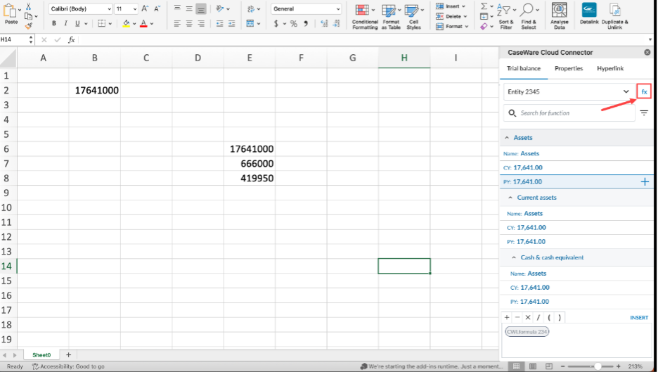 Cloud connector app on an Excel spreadsheet pointing to the FX button to add multi-functions to a cell.