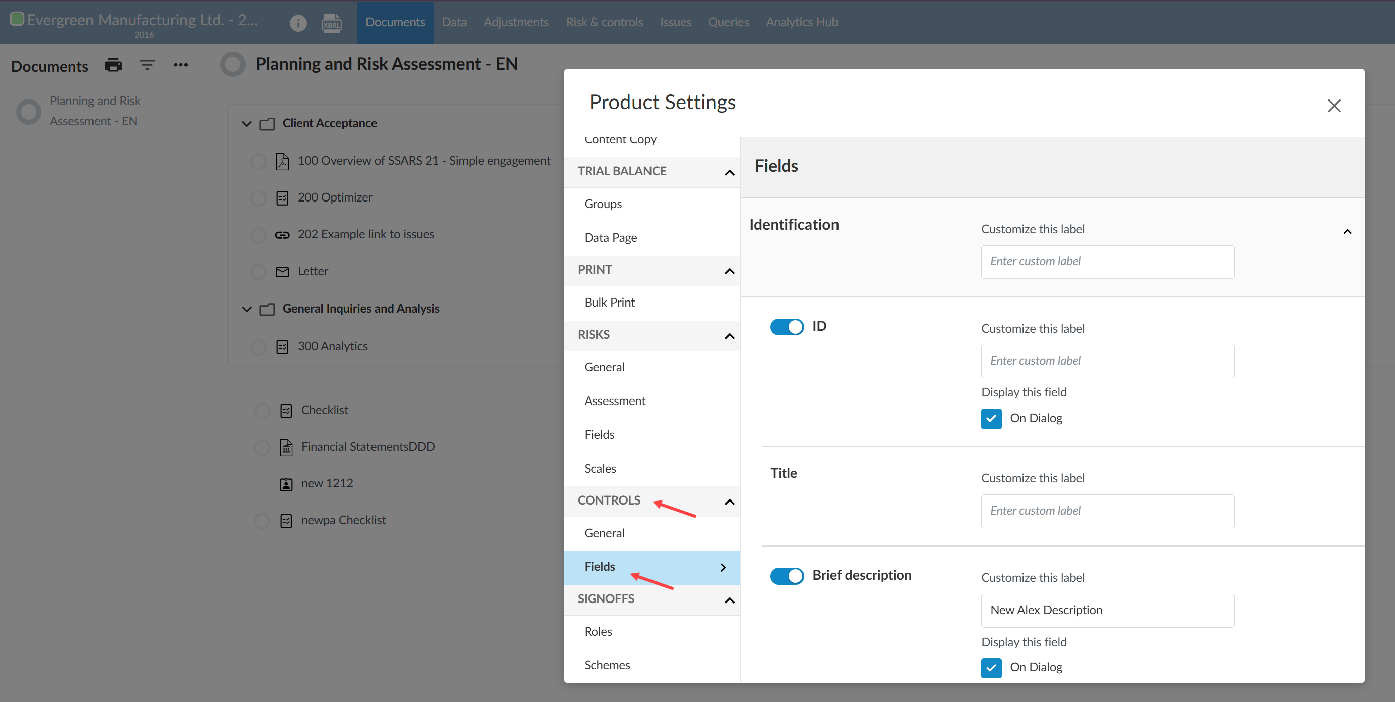 the product settings dialog for Fields under the Controls category
