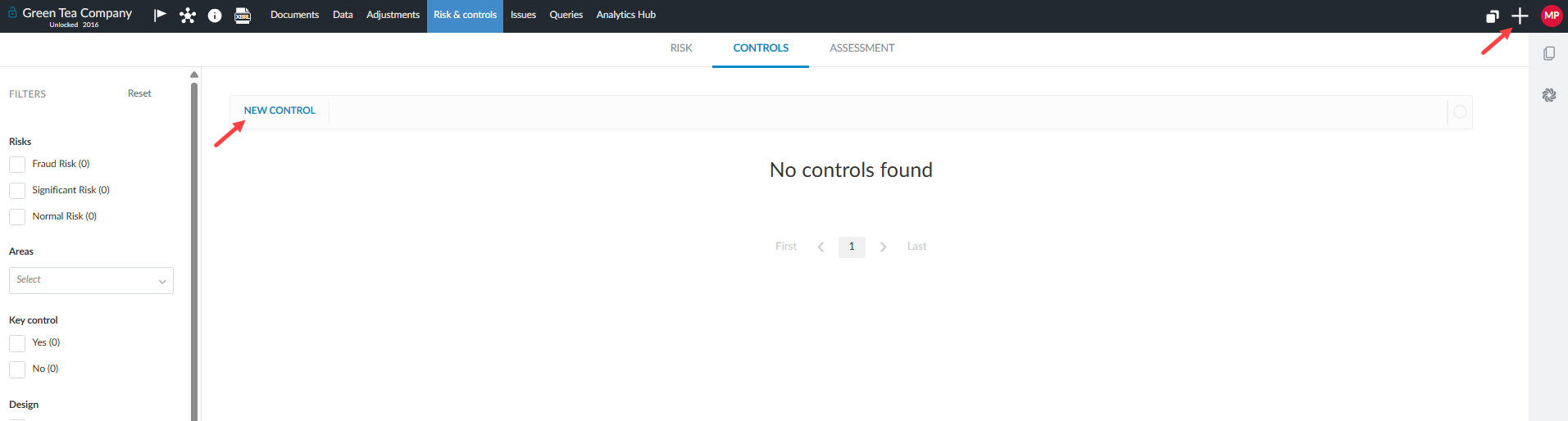 The Controls page with a pointer to the NEW CONTROL button