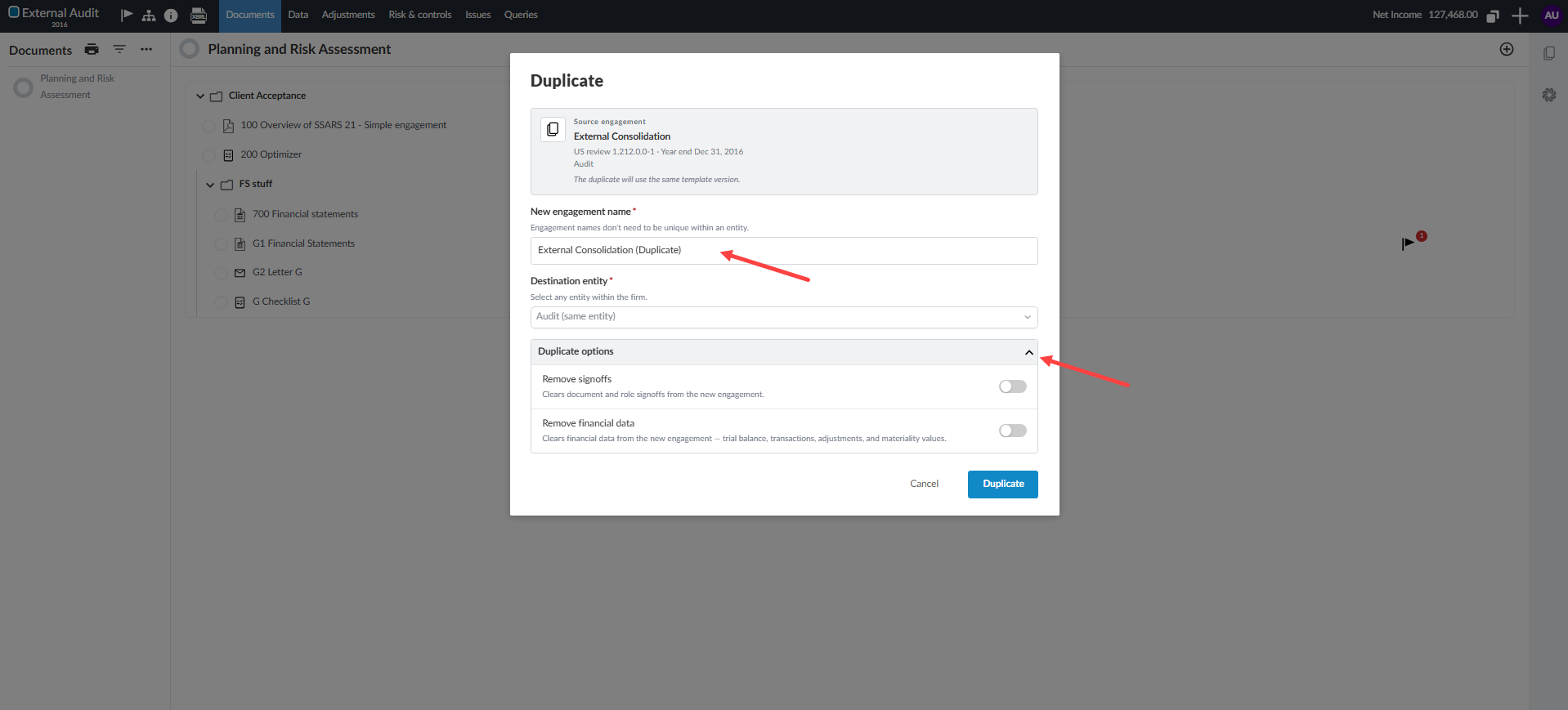 the Duplicate dialog showing the Duplicate options dropdown menu.