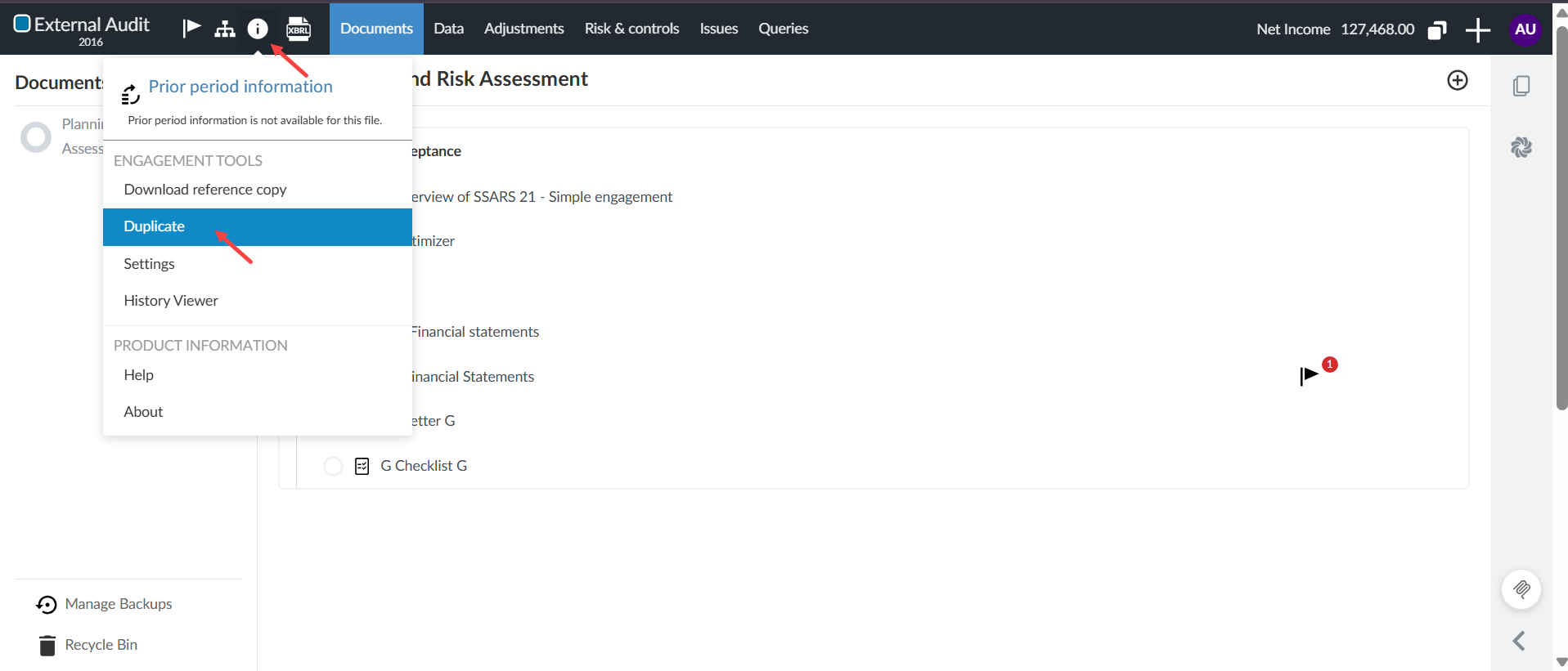 An engagement with the Information menu open to the Duplicate feature.